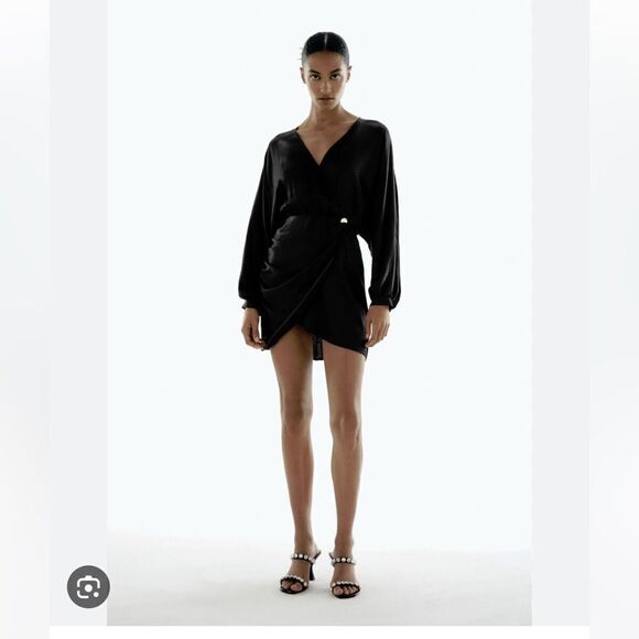 NWT ZARA WOMEN'S SATIN EFFECT WRAP DRESS BLACK SIZE S 2298/226 - Picture 1 of 6